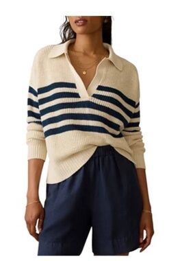 Faherty Women's Miramar Linen Polo Sweater Size L NWT Ocean Stripe